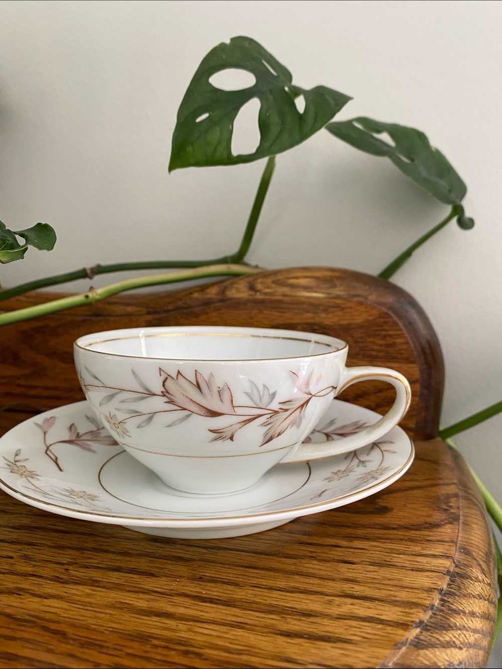 Porcelain Tea Cup & Saucer Set in White with Brown Leaf Motif